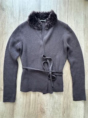 Max Studio y2k Faux Fur Collar Knit Wrap Cardigan - Dark Brown